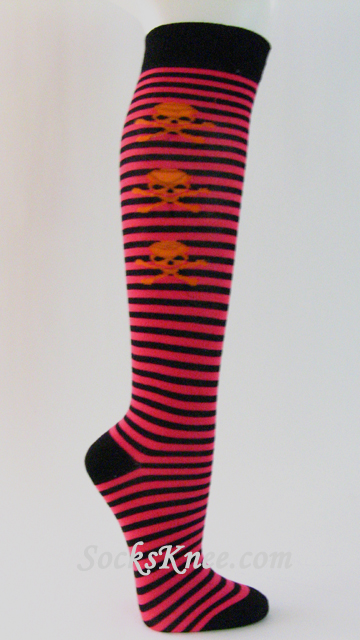 Hot Pink Black Striped Knee Socks with Skeleton