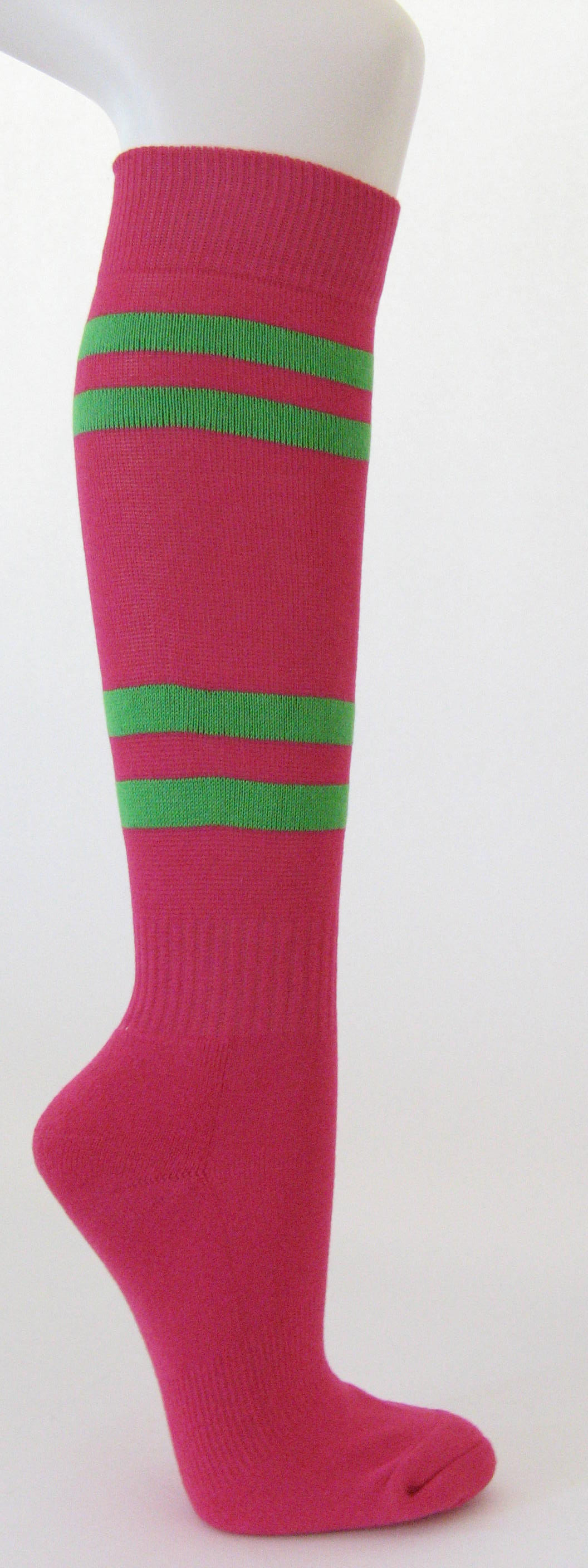 Hot pink cotton knee socks with bright green stripes - Click Image to Close