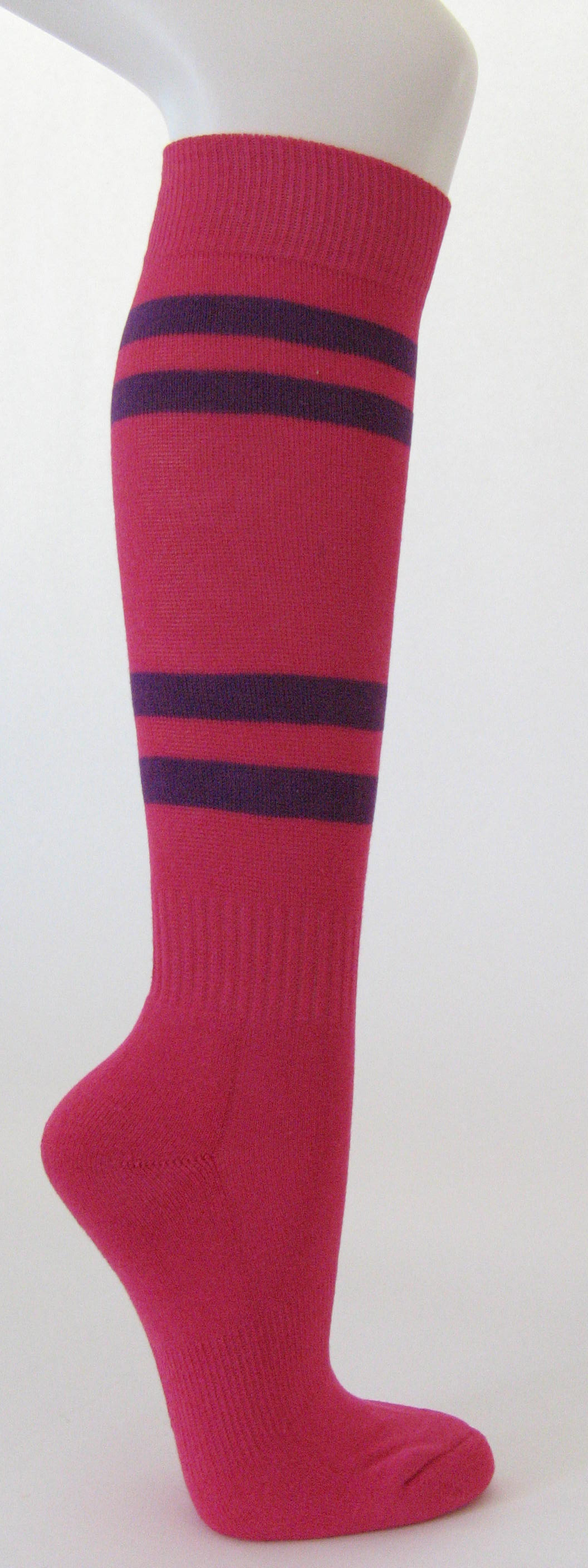 Hot pink cotton knee socks with purple stripes