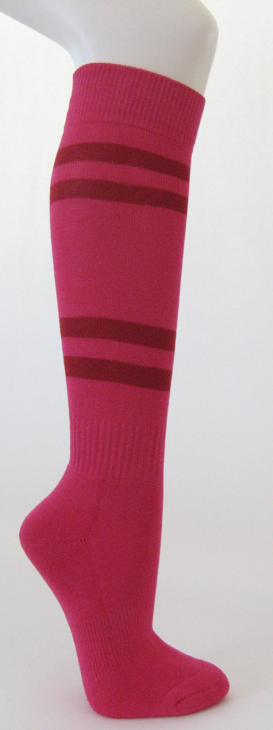 Hot pink cotton knee socks with dark red stripes