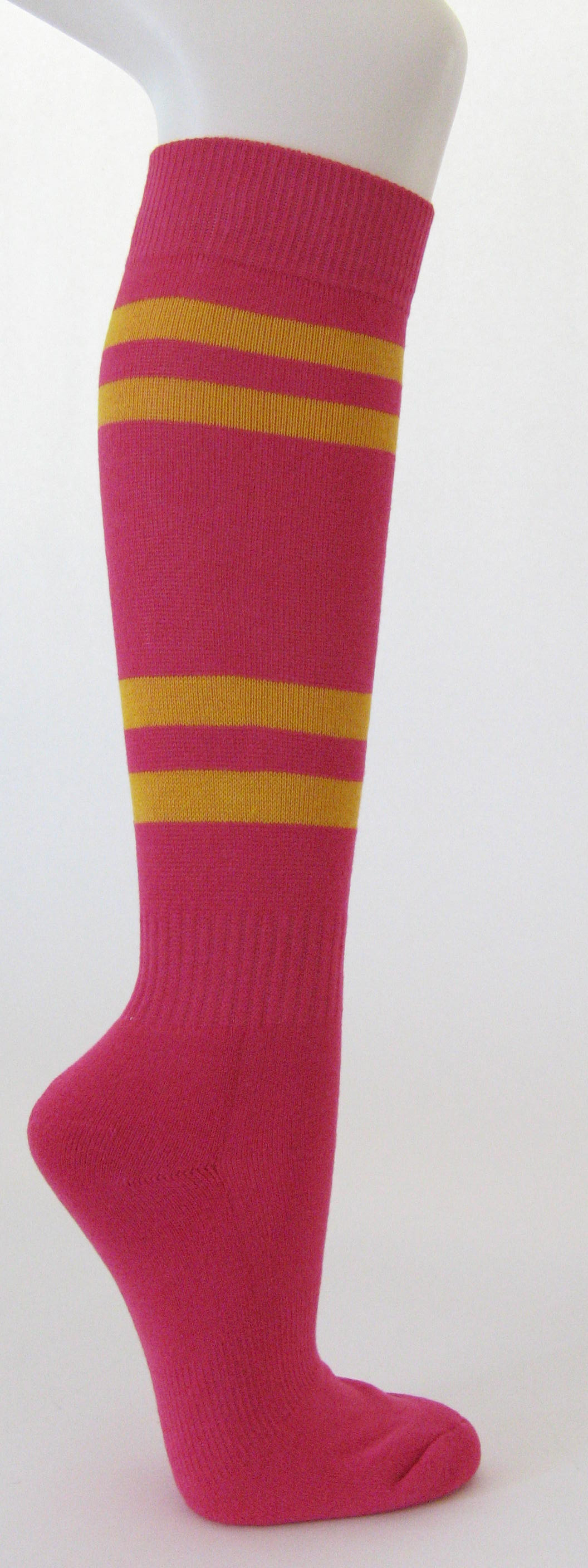 Hot pink cotton knee socks with golden yellow tripes - Click Image to Close