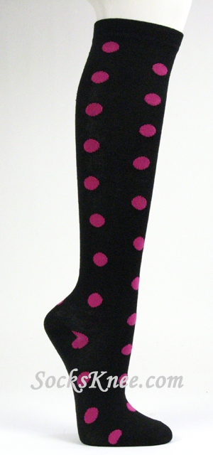 Hot Pink Dotted Black Knee High Socks for Women