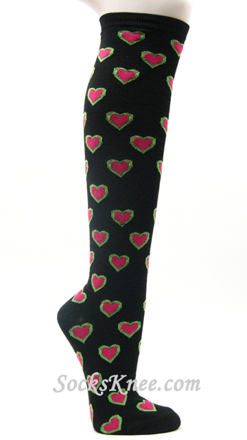 Hot Pink Heart design Black High Socks
