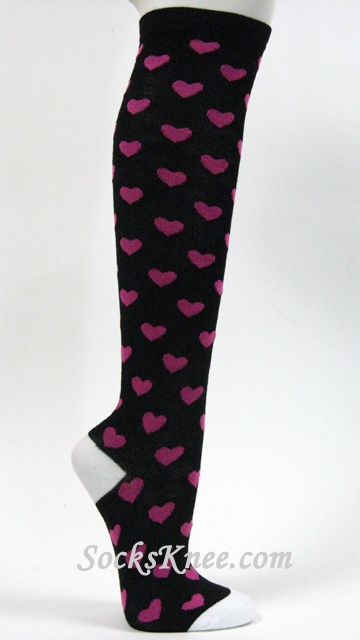 Hot Pink Hearts on Black High Knee Socks