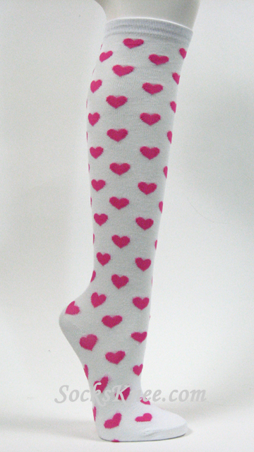 Hot Pink Hearts on White High Knee Socks