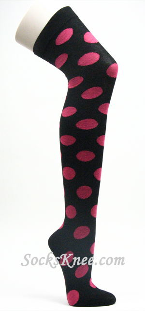 Black Over Knee High Socks with Large Hot Pink Polka Dots