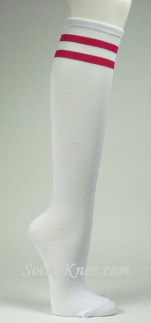 2 HotPink Striped White Knee Socks for Women