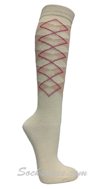 Ivory / Nude Pink Argyle Women knee High Socks - Click Image to Close