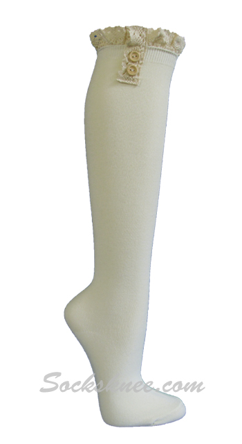 Ivory Vintage style knee high sock with crochet lace