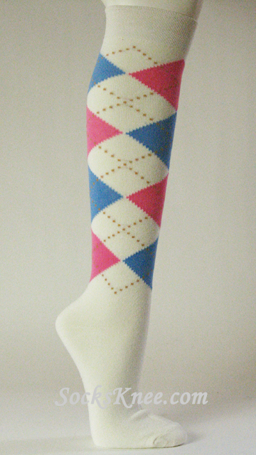 Ivory with Pink and Light Blue Argyle knee socks for Women