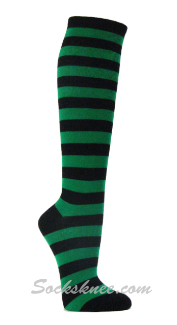 Black and Green Thin Striped Premium Quality Knee High Socks - Click Image to Close