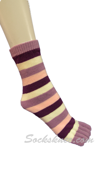 Lavender, White, Purple Women Mid-Calf Striped Toe Socks