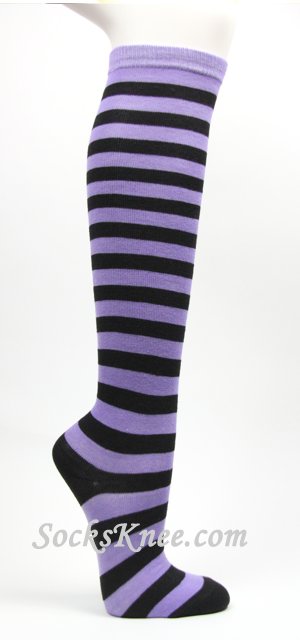 Lavender Black Stripes Women's Fashion High Socks - Click Image to Close