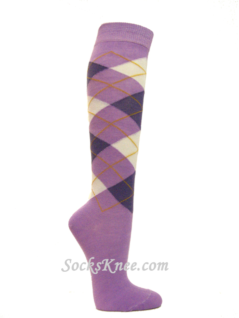 Lavender with white purple Argyle knee socks