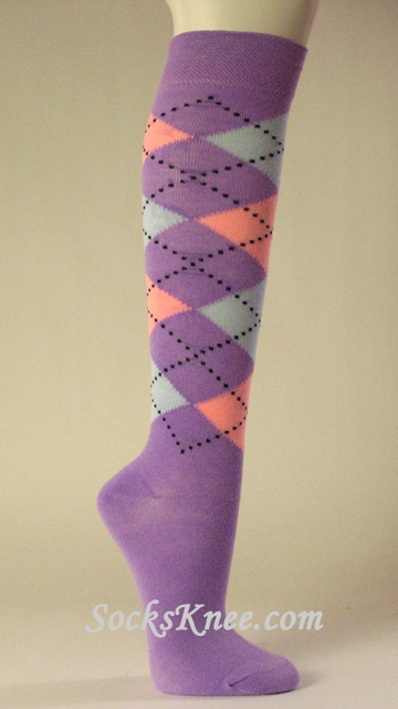 Lavender with Light Sky Blue & Pink Argyle knee socks for Women - Click Image to Close