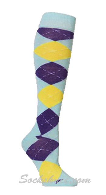 Light Sky Blue / Purple / Yellow Women Argyle Knee High Socks
