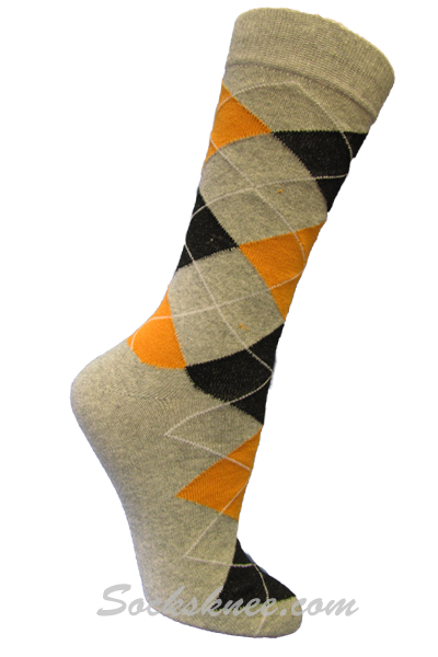 Gray Black Orange Argyle Cotton Mid-Calf Dress socks - Click Image to Close