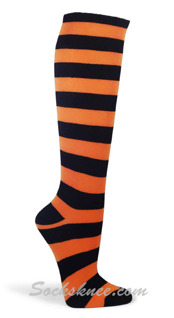 Light Orange and Black Wider Striped Knee high socks - Click Image to Close
