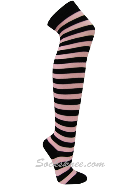 Black and Light Pink Over Knee Thigh High wider striped socks - Click Image to Close