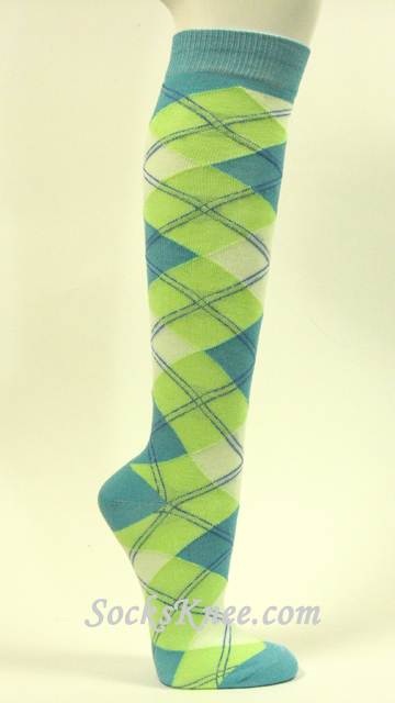 Light Blue Light Lime Green Argyle High Knee Socks for Women - Click Image to Close