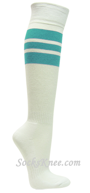 White cotton knee socks with Sky / Light Blue stripes for sport - Click Image to Close