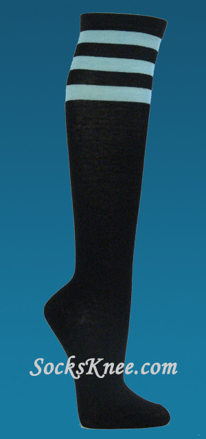 Black with Light Blue 3line Striped Womens Knee Socks