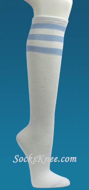 White with Light Blue 3line Striped Womens Knee Socks - Click Image to Close
