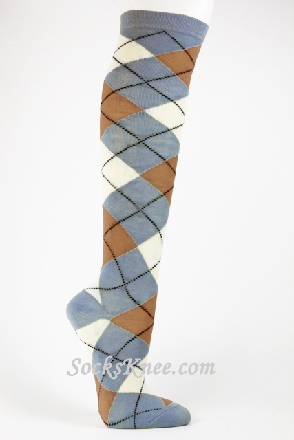 Light Blue White Beige Argyle High Socks for Women