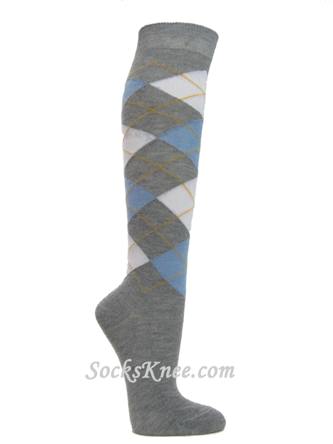Light grey with white light blue Argyle knee socks - Click Image to Close