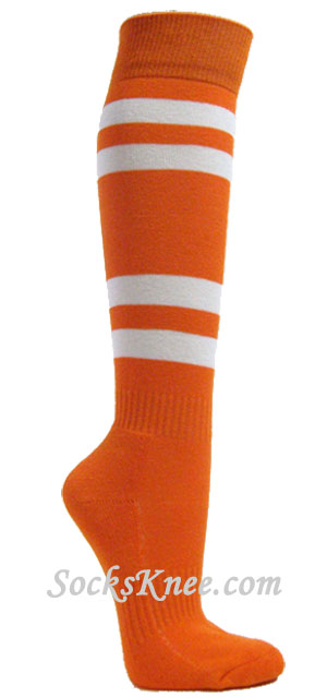 Orange striped knee socks w 4white stripes for sports - Click Image to Close