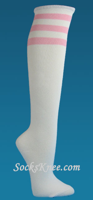 White and Light Pink Quality striped knee high socks for women