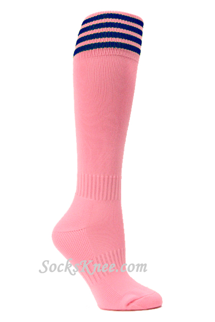 Light Pink and Blue Kid/Youth Football Sport High Socks - Click Image to Close