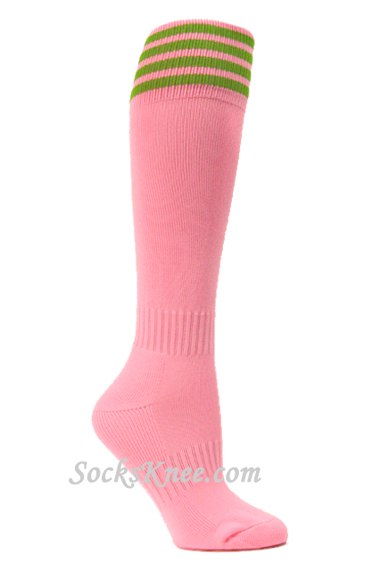 Light Pink and Lime Green Kids Football Sport High Socks - Click Image to Close