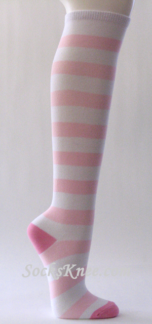 White and Light Pink Wider Striped Knee high socks for Women