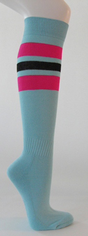 Light sky blue cotton knee socks hot pink black striped - Click Image to Close