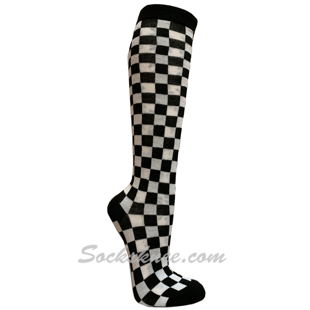 Like Vans Checkered Black / White Plaid Women Knee High Socks