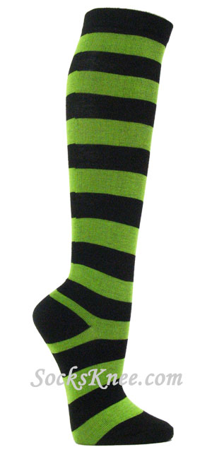 Black and Lime Green Wider Striped Knee high socks - Click Image to Close