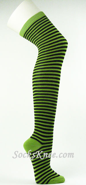 Lime Green and Black Thin Over Knee striped socks