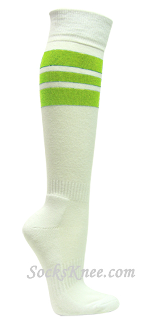 White cotton knee socks with Bright Lime Green stripes for sport