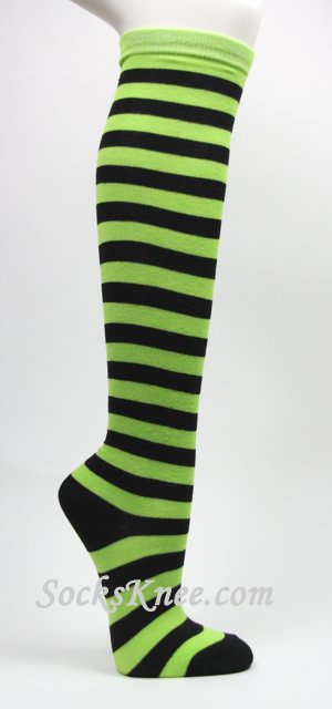 Lime Green Black Stripes Women's Fashion High Socks - Click Image to Close