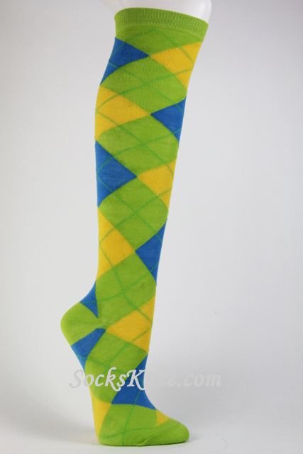 Lime Green Bright Blue Yellow Argyle Knee Sock - Click Image to Close