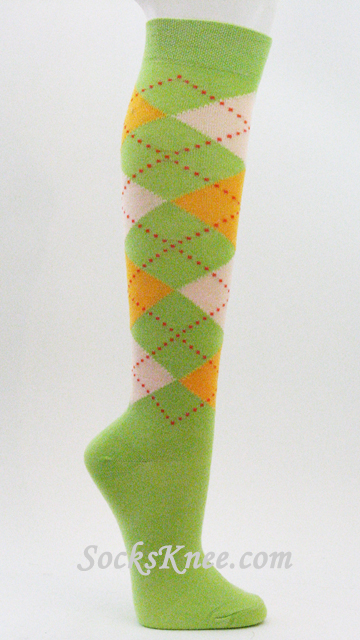 Lime Green Golden Yellow Argyle knee sock for Women