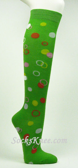 Bright Green Womens Polka Dots Knee High socks - Click Image to Close