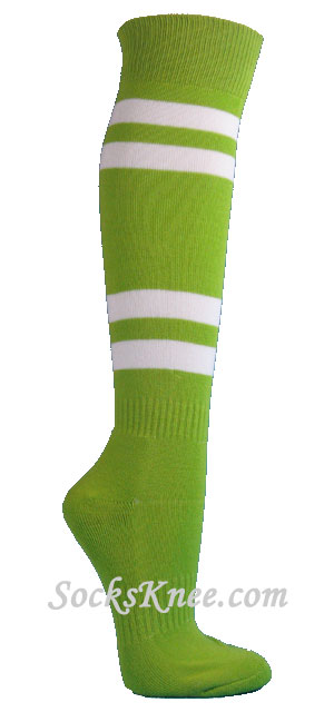 Lime Green striped knee socks with 4White stripes for sports - Click Image to Close