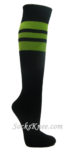 Lime Green Stripes on Black Cotton Knee Socks for Sports - Click Image to Close