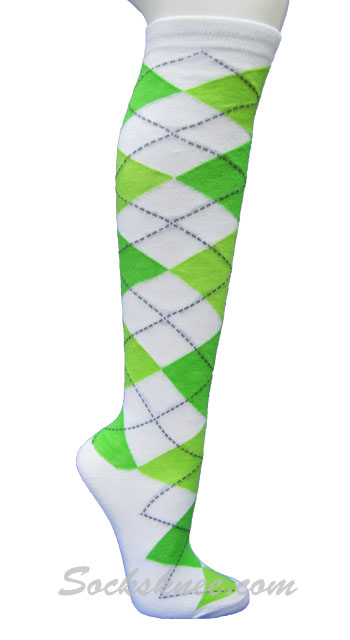 White and Lime Green Argyle throughout Knee Socks - Click Image to Close