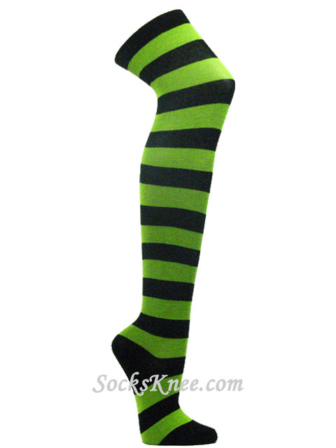 Black and Lime Green over knee wider striped socks - Click Image to Close