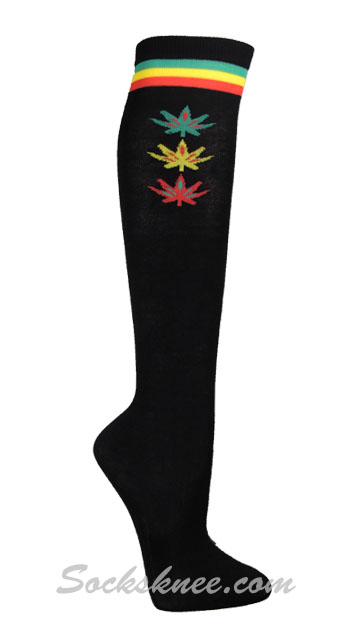 Green Yellow Red Stripes & Maples Black Non-Athletic Knee Socks