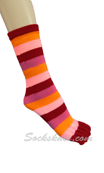 Maroon, Light Pink ,Orange Women Mid-Calf Striped Toe Socks