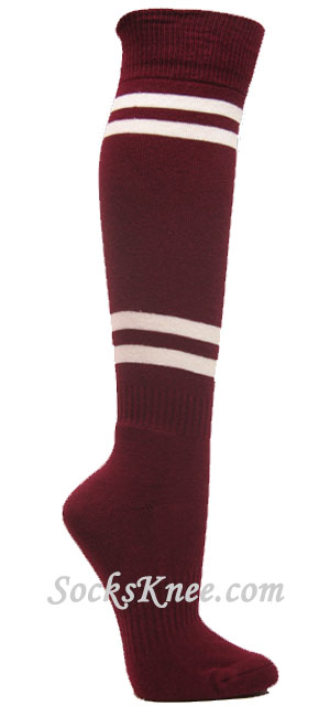 Maroon striped knee socks w 4white stripes for sports - Click Image to Close